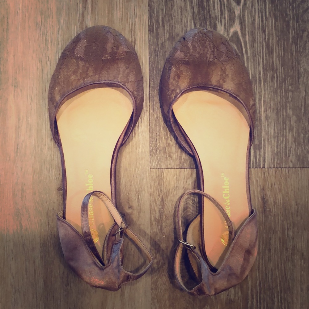 Toffee lace ballet flats with strap.